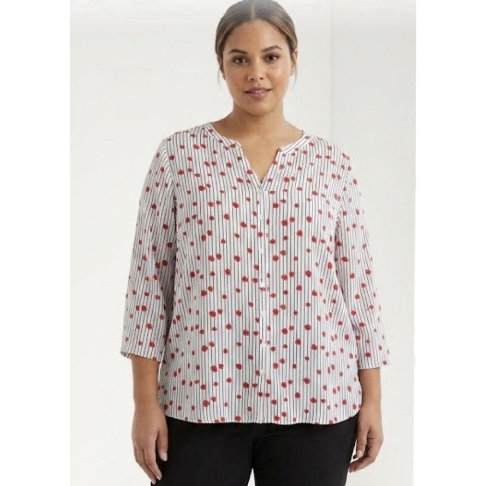 Catherines Womens Size2X 22/24W Georgette Blouse White Black Stripe Strawberry